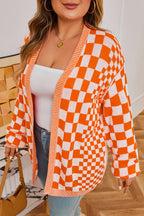Orange Checkered Bubble Sleeve Drop Shoulder Open Cardigan