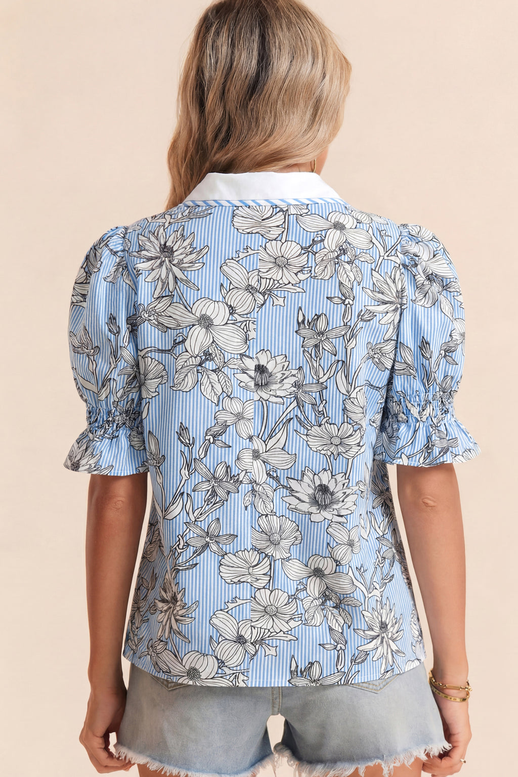 Sky Blue Floral Striped Printed Polo Collar Short Sleeve Blouse