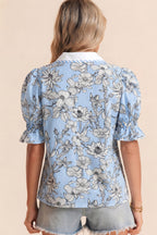 Sky Blue Floral Striped Printed Polo Collar Short Sleeve Blouse