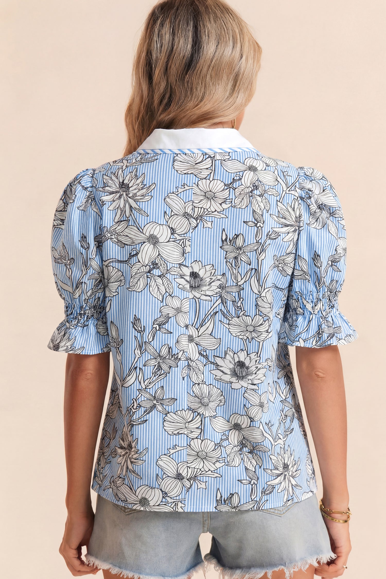 Sky Blue Floral Striped Printed Polo Collar Short Sleeve Blouse