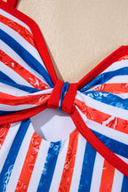 Red July 4th Stripes Star Floral Impression Cutout Spaghetti Straps One Piece Swimsuit