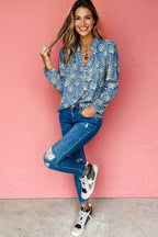 Sky Blue Fall Floral Half Placket Collared V Neck Blouse