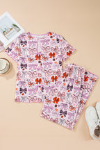 Pink Diverse Bows Buttons Printed Contrast Trim Short Sleeve Shirt Pajama Pant Set