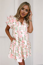 Sky Blue Floral Contrast Edge Layered Short Sleeve Mini Dress