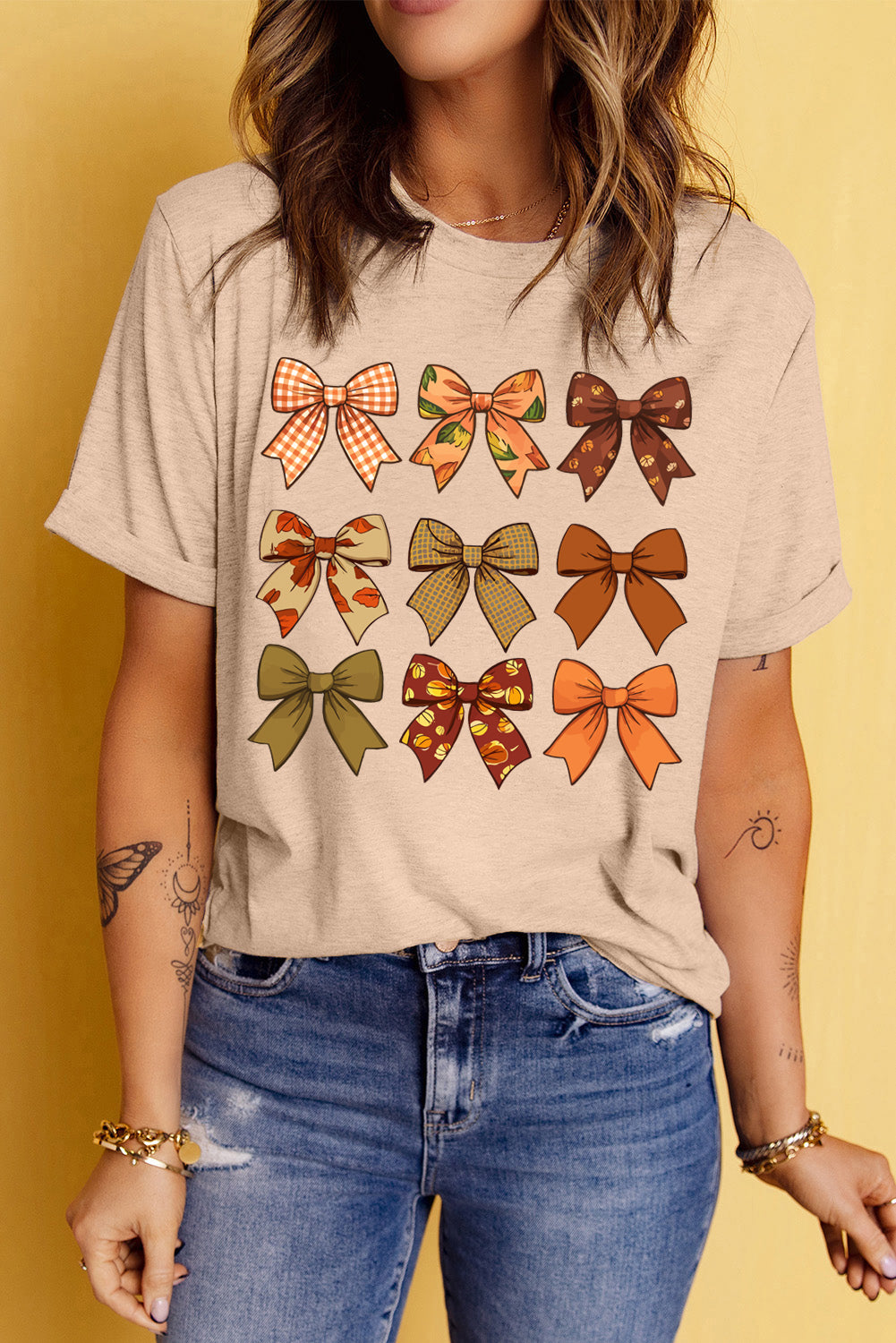 Khaki Bowknot Graphic Short Sleeve Top
