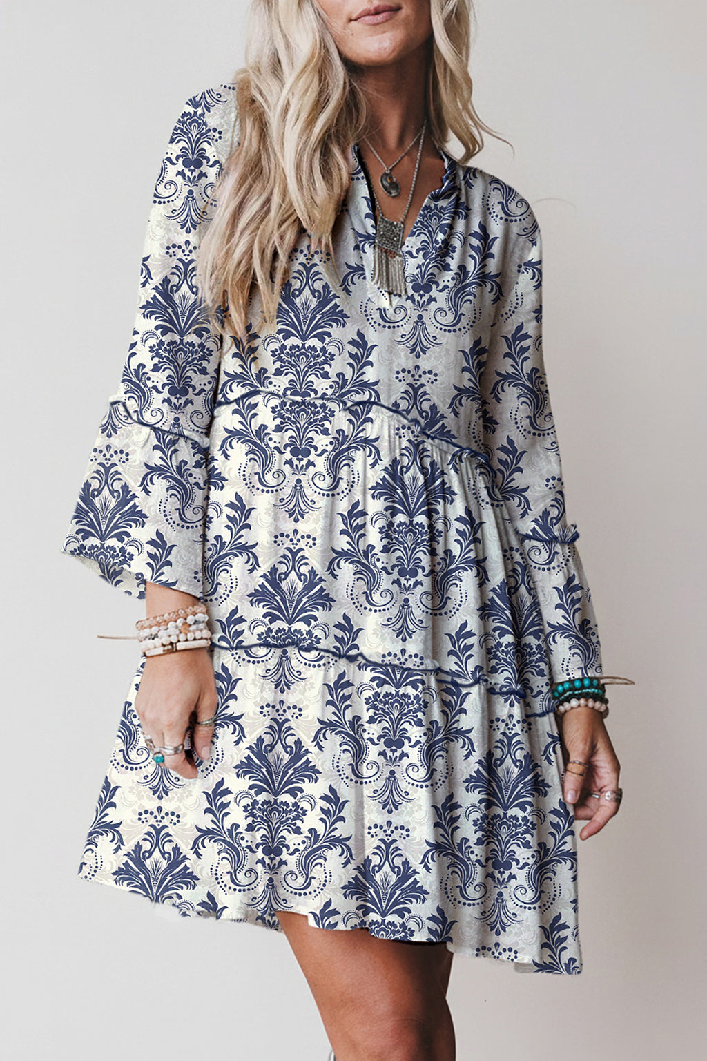 Boho Floral Print Lettuce Trim 3/4 Sleeve Mini Dress