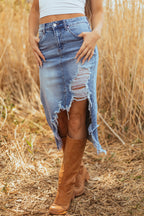 Myosotis Irregular Distressed Bottom Denim Midi Skirt