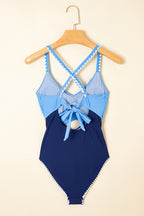 Beau Blue Ric Rac Trim Contrasted Patchwork Cutout One Piece Swimsuit