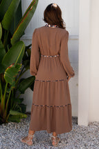 Chestnut Floral Patchwork Detail Notched Neck Long Sleeve Maxi Dress