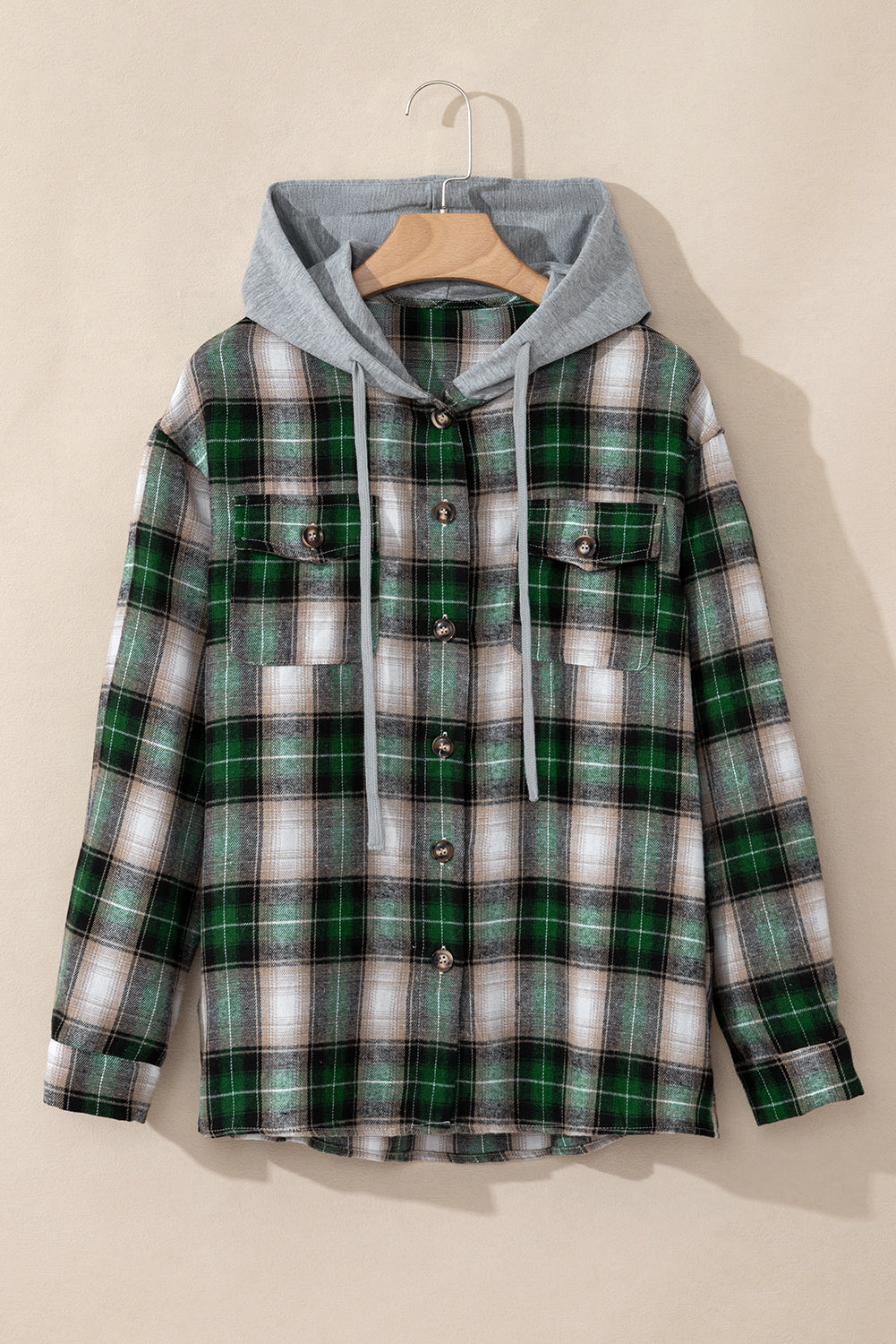 Plaid Print Chest Pocket Buttoned Hooded Shacket