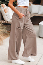 Mineral Wash Exposed Seam Drawstring Elastic Waistband Wide Leg Cargo Pants