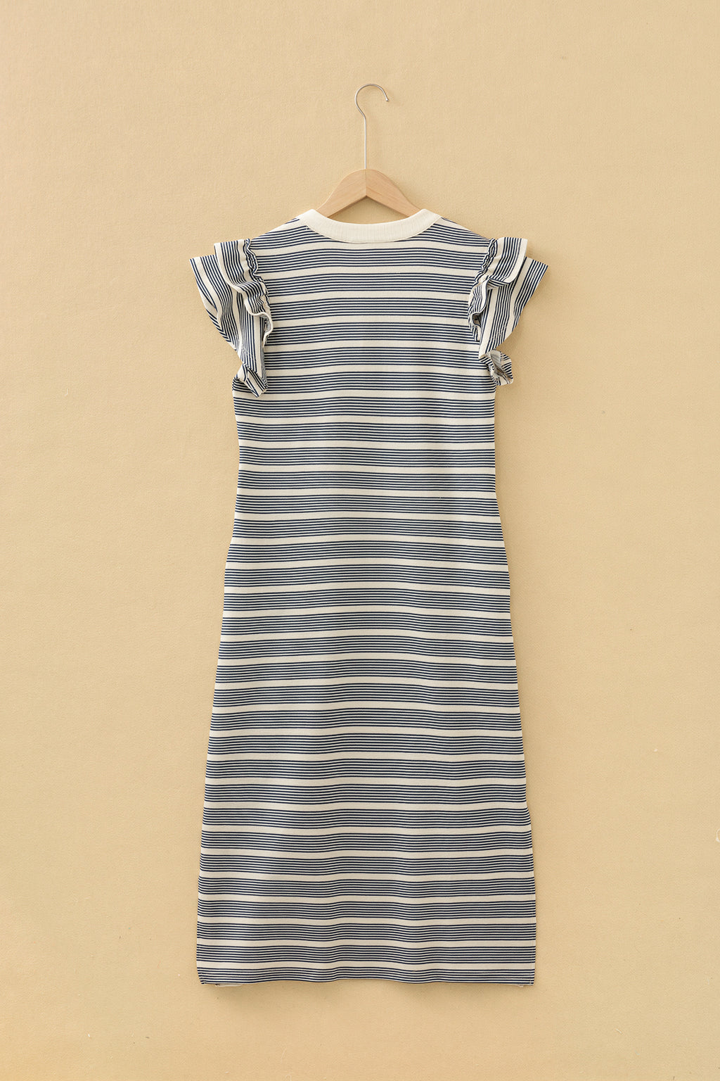 Blue Stripe Ruffled Short Sleeve Contrast Trim Button Notched Neck Midi Dress