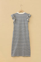 Blue Stripe Ruffled Short Sleeve Contrast Trim Button Notched Neck Midi Dress