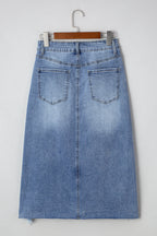 Myosotis Irregular Distressed Bottom Denim Midi Skirt