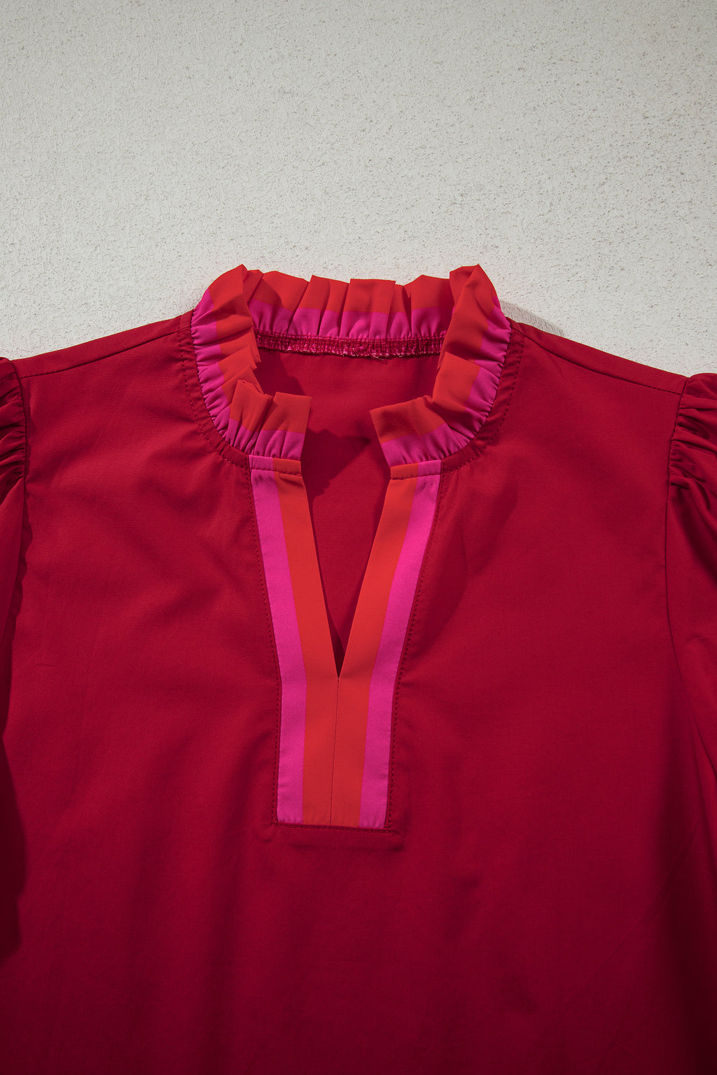 Fiery Red Striped Frilled Collar Ruffled Short Sleeve Blouse