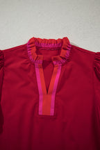 Fiery Red Striped Frilled Collar Ruffled Short Sleeve Blouse
