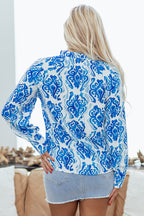 Sky Blue Ethnic Printed Tie Split Neck Button Front Puff Sleeve Shirt
