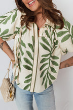 Green Leaf Print Short Balloon Sleeve Shirt