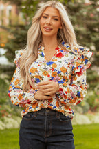 Apricot Ruffled Shoulder Long Sleeve Floral Blouse