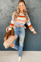 Pink Striped Colorblock Round Neck Drop Shoulder Sweater