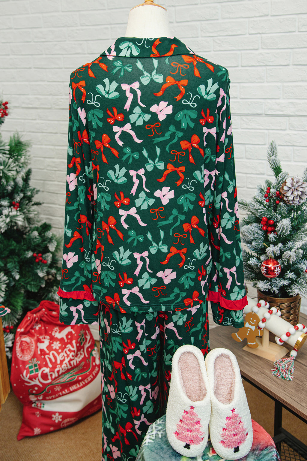 Green Festive Bow Print 2pcs Pyjama Pant Set