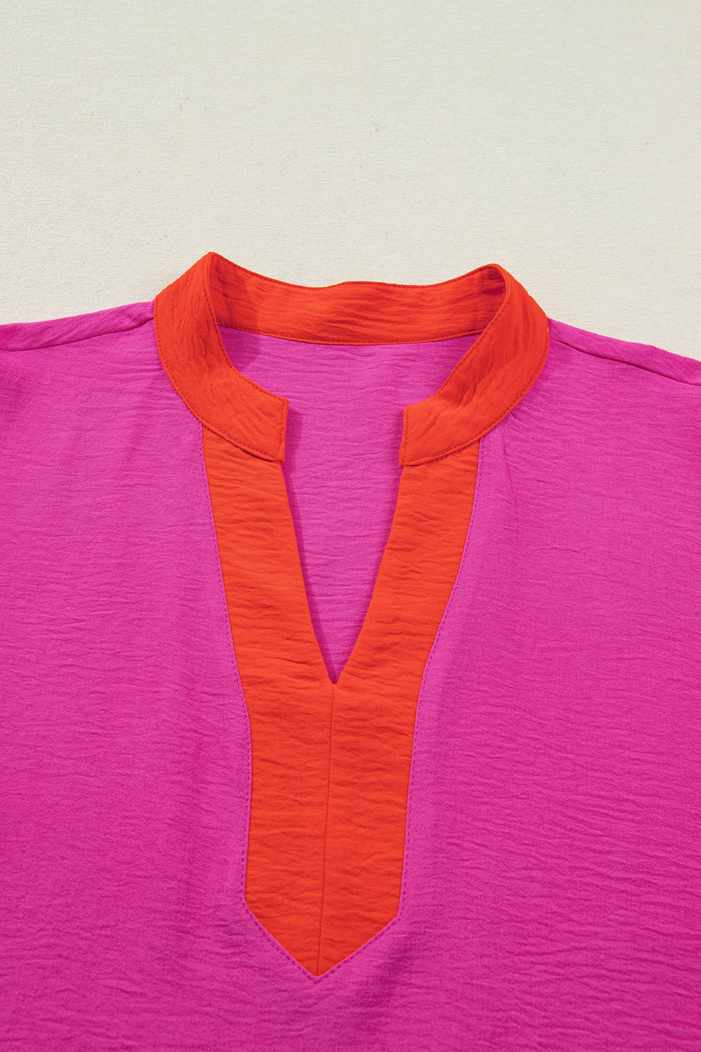 Rose Red Contrast V Neck Colorblock Wide Short Sleeve Top
