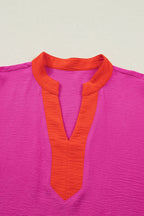 Rose Red Contrast V Neck Colorblock Wide Short Sleeve Top