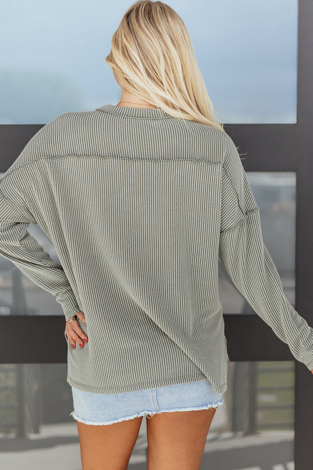 Twist Ribbed Exposed Seam Detail Long Sleeve Loose Top
