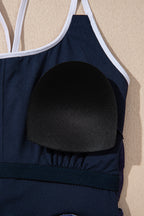 Blue Crossed Back Floral Print Asymmetric Knot Side One Piece Swimsuit