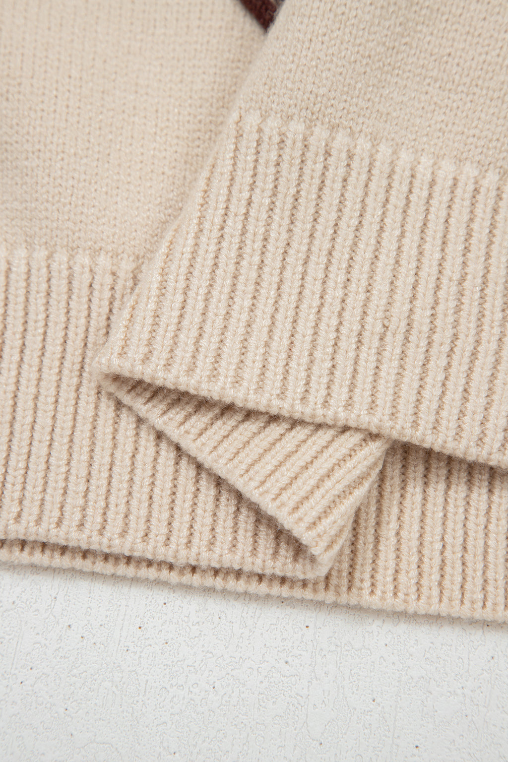 Parchment Corded Horseshoes Ribbed Trim Mock Neck Short Sleeve Sweater