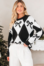 Black Bow Print 2-tone Rhombus Knit Loose Sweater