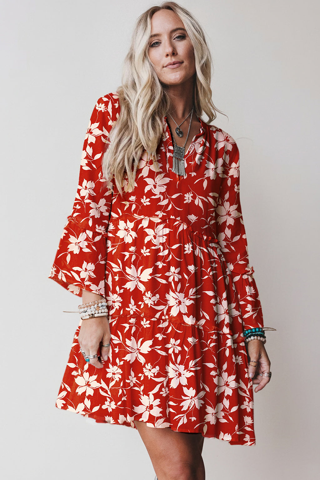 Boho Floral Print Lettuce Trim 3/4 Sleeve Mini Dress