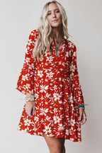 Boho Floral Print Lettuce Trim 3/4 Sleeve Mini Dress