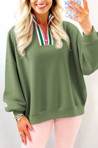 Vineyard Green Contrast Striped Patchwork Zip Collar Pullover Sweatshirt