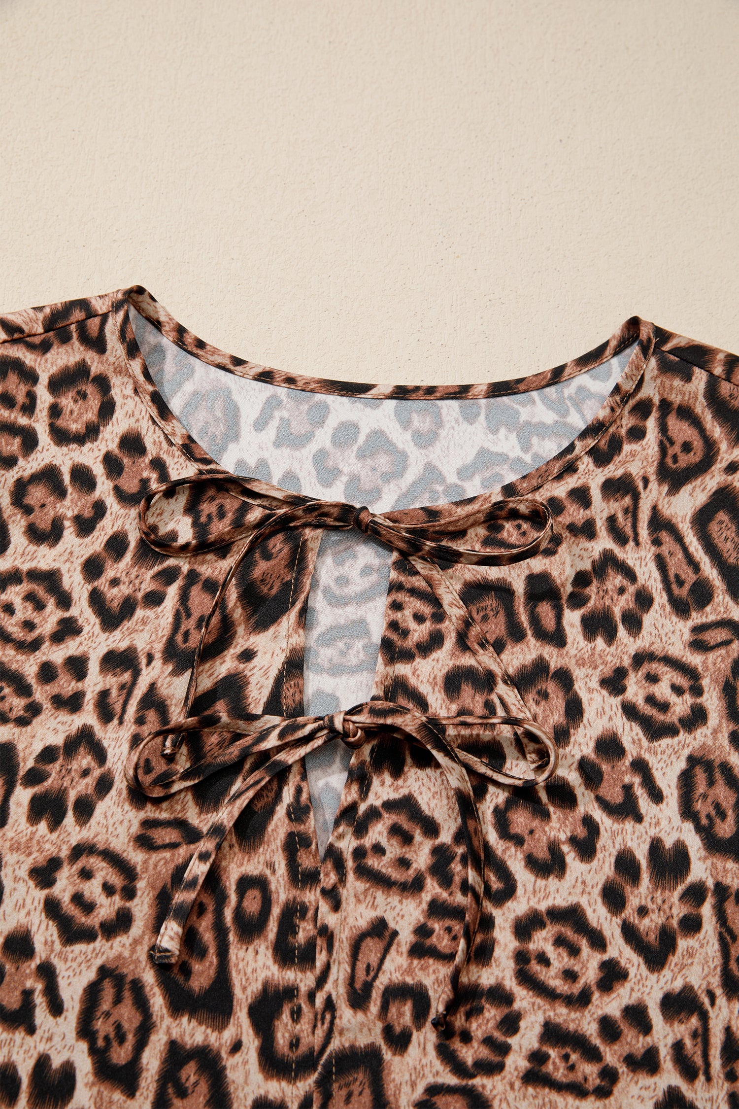 Brown Leopard Bow Tie Puff Sleeve Blouse