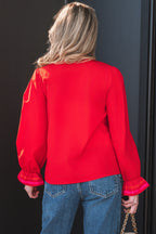 Striped Trim Ruffle Split Neck Long Sleeve Blouse