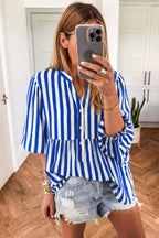 Sky Blue Stripe Balloon Sleeve Loose Button up Shirt
