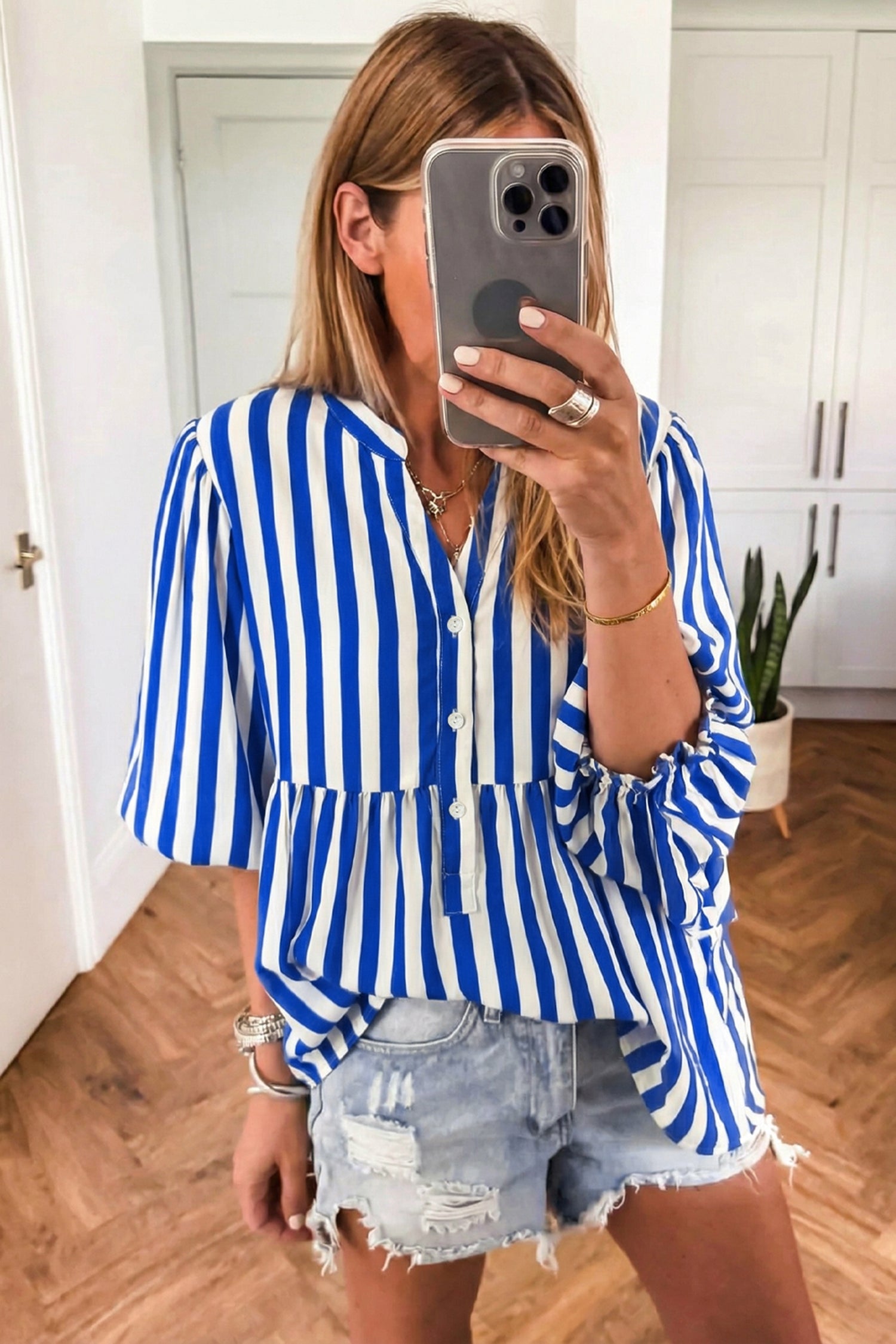 Sky Blue Stripe Balloon Sleeve Loose Button up Shirt