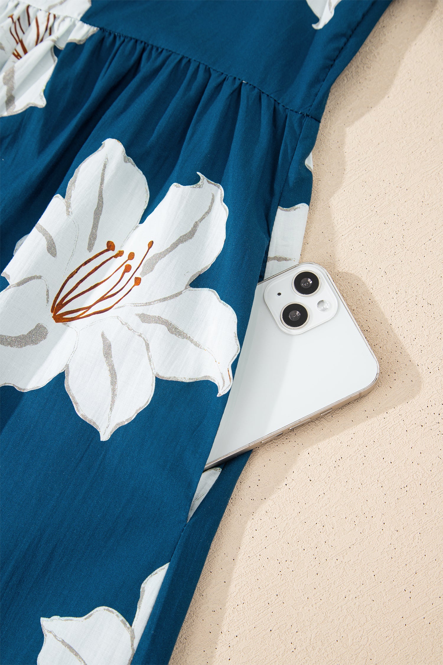 Blue Floral Print Shirt Collar V Neck 3/4 Sleeve Shift Midi Dress