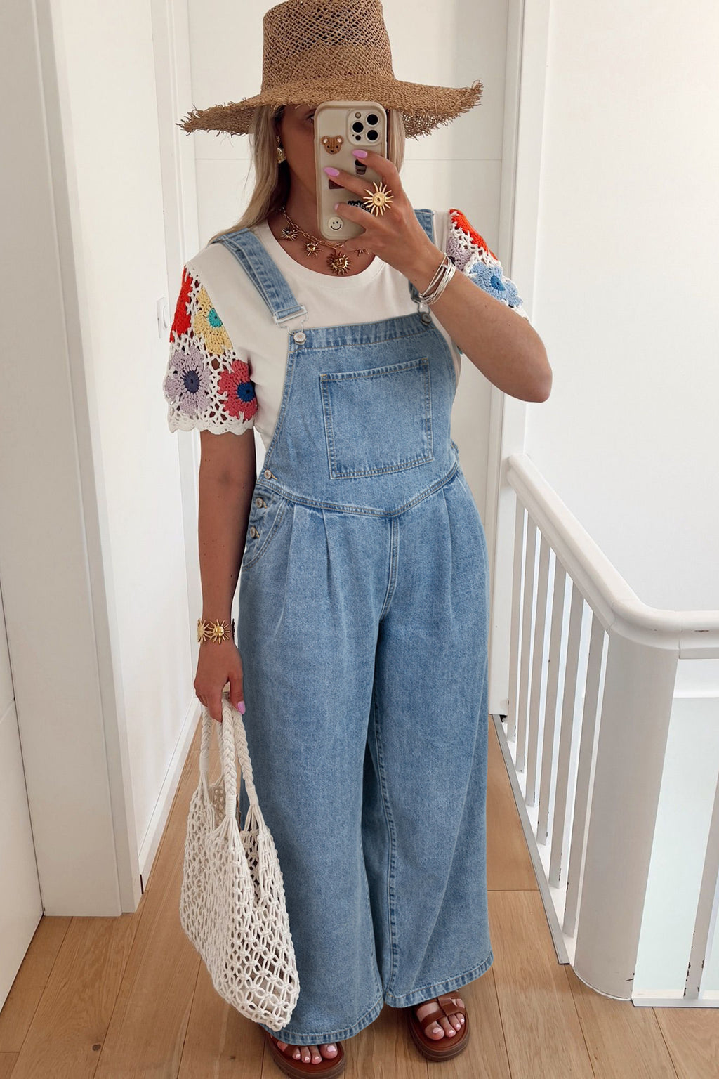 Dusk Blue Pleated Wide Leg Retro Pocketed Denim Jumpsuit