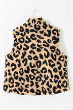 Khaki Leopard Sherpa Button Front Collared Plus Size Vest Jacket