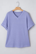 Wisteria Waffle V Neck Short Sleeve Knit Top