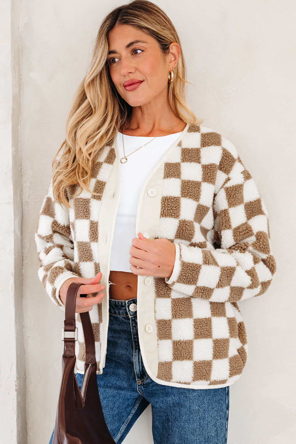Brown Checkered Sherpa Buttoned Front Chunky Jacket