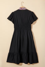 Black Leopard V Neck Patchwork Smocked Waist Plus Size Ruffled Dress