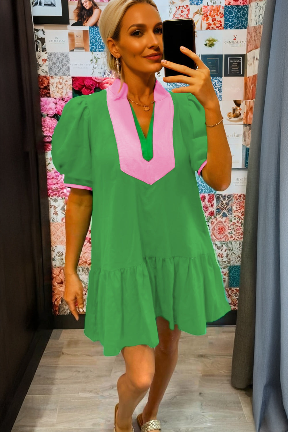 Bright Green Color Block Detail Split Neck Short Puff Sleeve Ruffle Hem Mini Dress