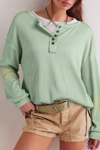 Meadow Mist Green Textured Knit Drop Shoulder Color Block Detail Long Sleeve Henley Top