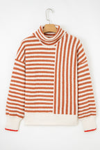 Orange Stripe Cowl Neck Drop Shoulder Sweater