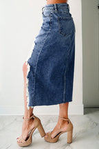 Irregular Distressed Bottom Denim Midi Skirt