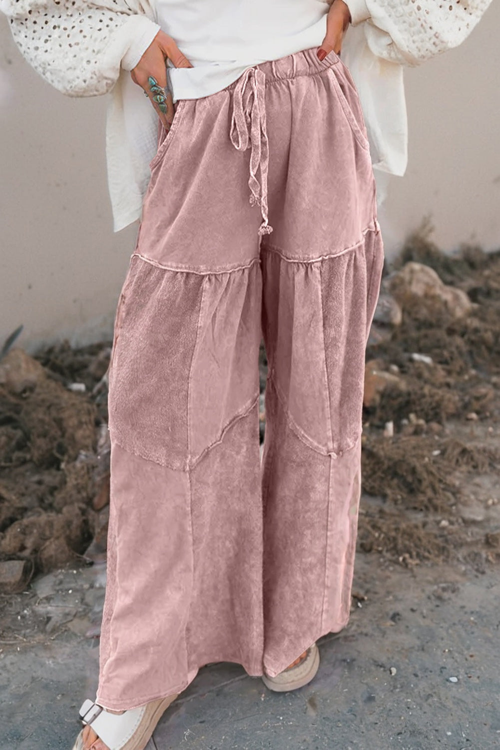 Vineyard Green Mineral Wash Tiered Wide Leg Patchwork Drawstring Pants