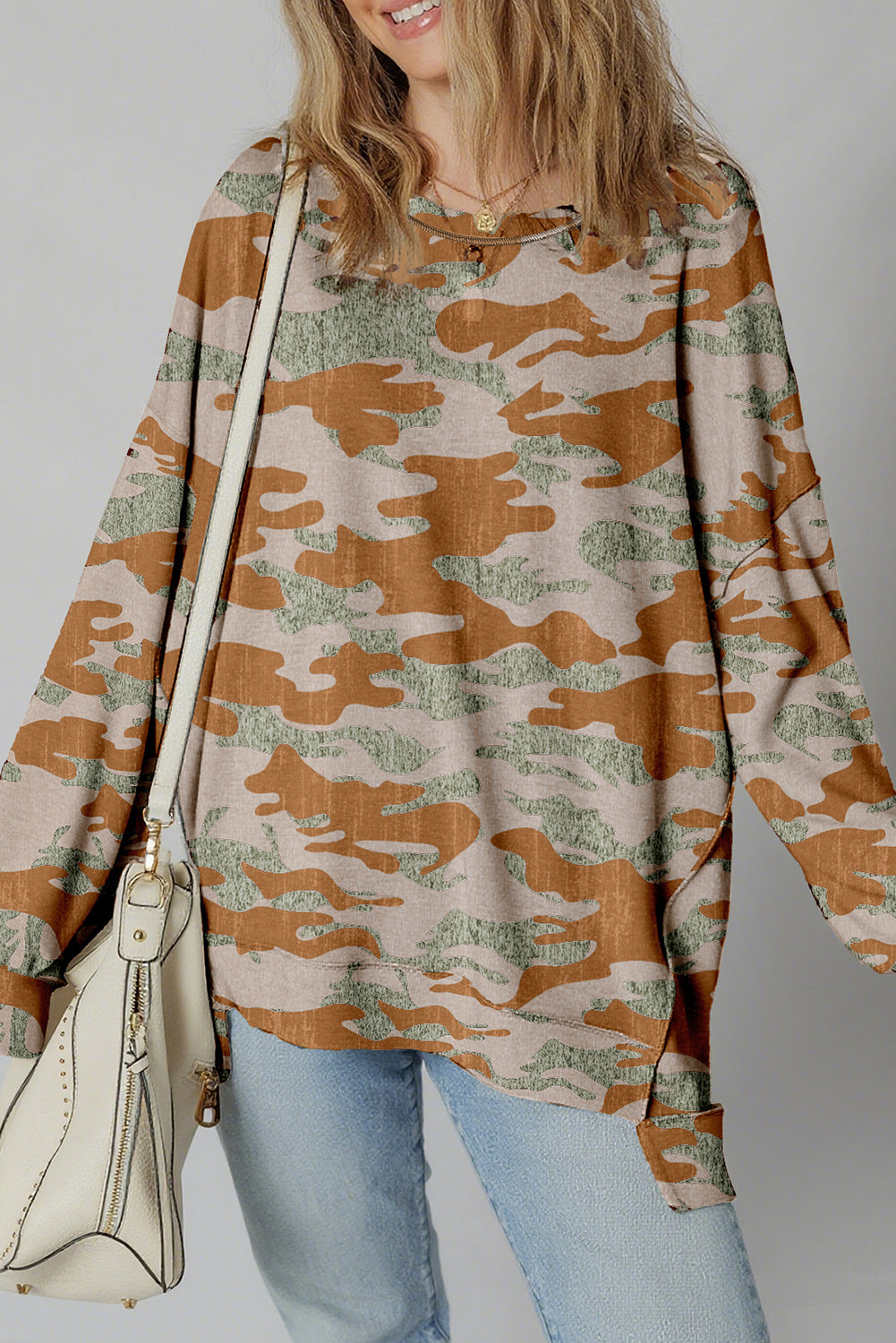 Brown Retro Camouflage Print Exposed Seam Patchwork Drop Shoulder Sweatshirt
